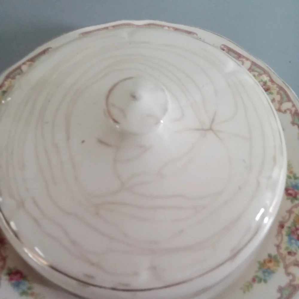 Antique Floral Ceramic Cheese Butter Dish Dome Lid Scalloped Gold Trim Shabby